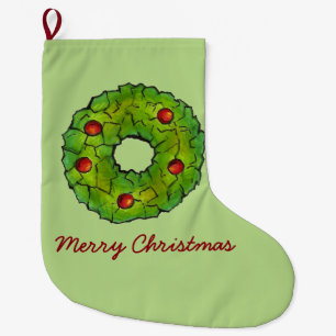Merry Christmas Xmas Holly Wreath Holiday Cookie Large Christmas Stocking