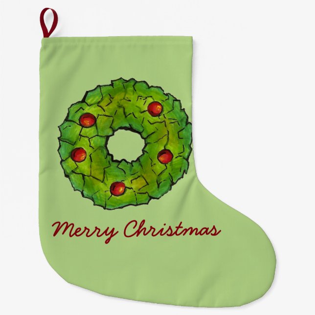 Merry Christmas Xmas Holly Wreath Holiday Cookie Large Christmas Stocking (Front)