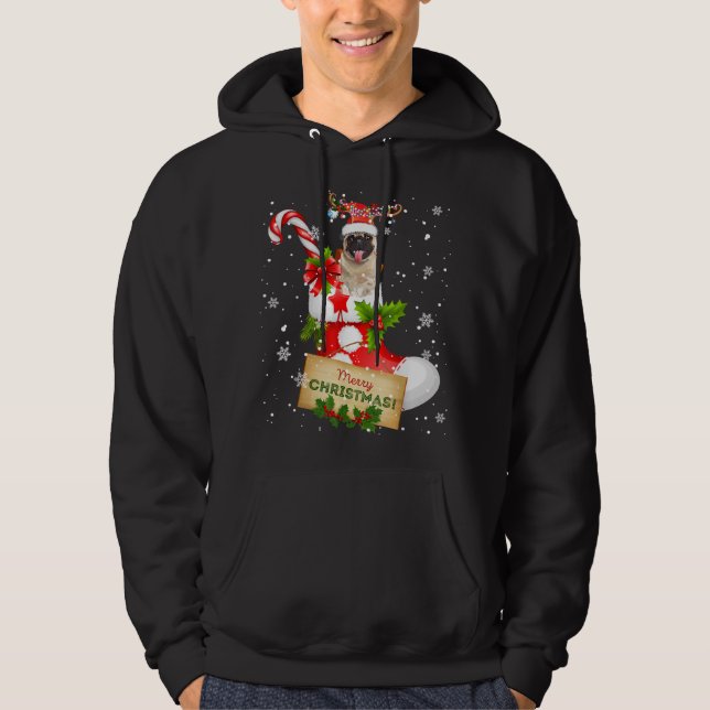 Merry Christmas Xmas Lights Santa Reindeer Pug In  Hoodie (Front)