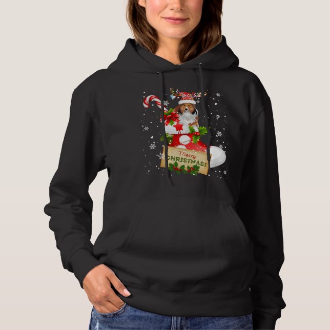 Merry Christmas Xmas Lights Santa Reindeer Sheltie Hoodie (Front)