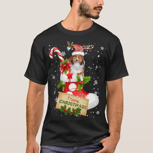 Merry Christmas Xmas Lights Santa Reindeer Sheltie T-Shirt (Front)