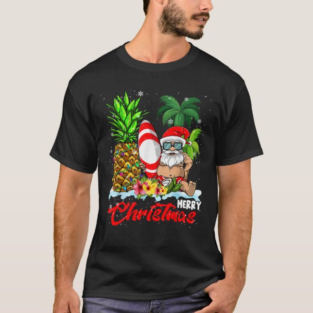 Merry Christmas Xmas Lights Santa Surfing Hawaiian T-Shirt (Front)