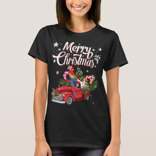 Merry Christmas Xmas Tree Red Truck Parrot Santa H T-Shirt (Front)