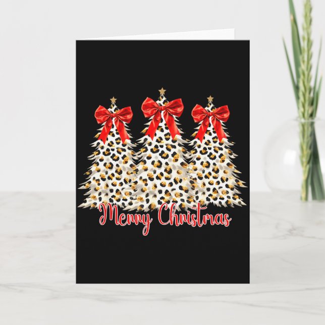 Merry Christmas Xmas Trees Leopard Coquette Bow Ho Card (Front)