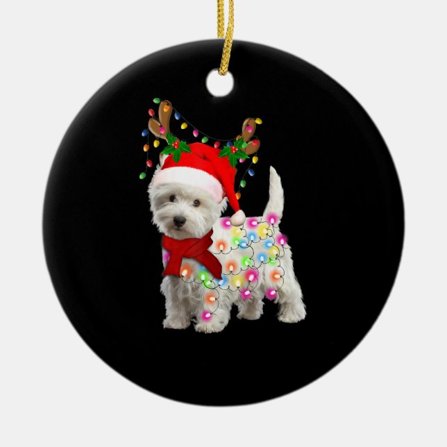 Merry Christmas Xmas Westie Dog Reindeer Cosplay Ceramic Tree Decoration (Front)