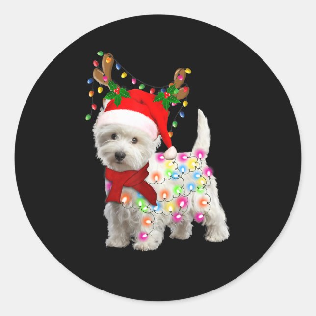 Merry Christmas Xmas Westie Dog Reindeer Cosplay Classic Round Sticker (Front)