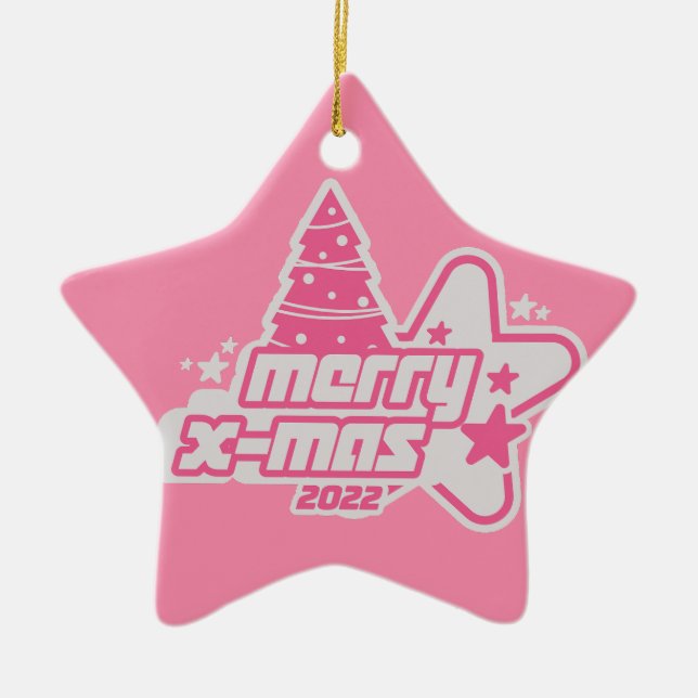 Merry Christmas Y2K 2022 Pink Ceramic Tree Decoration (Front)