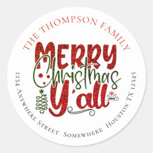 Merry Christmas Y’All Glitter Return Name Address Classic Round Sticker