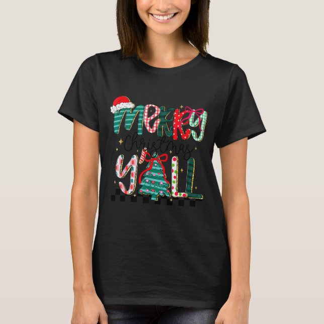 Merry Christmas Y’all Southern Christmas Tree Girl T-Shirt (Front)