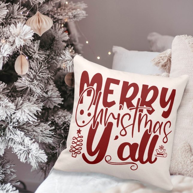 Merry Christmas Y’all Typography Holiday Cream Cushion (Creator Uploaded)