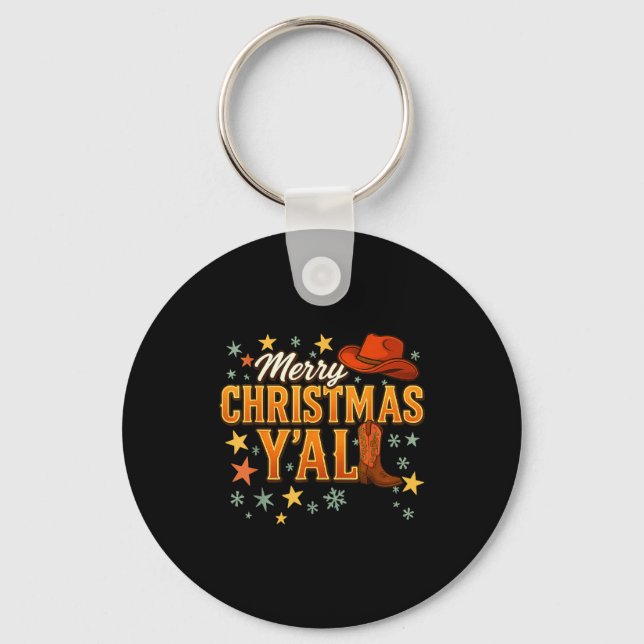 Merry Christmas Y’all Western Cowboy Cowgirl Boot  Key Ring (Front)