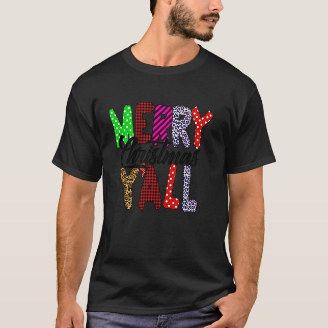 Merry Christmas Ya Ll Leopard Buffalo Plaid T-Shirt (Front)