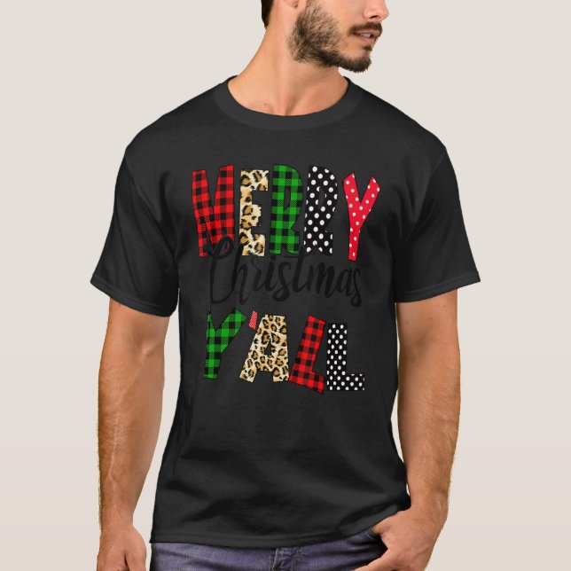 Merry Christmas Y'al Leopard Buffalo Red Plaid For T-Shirt (Front)