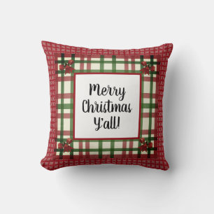 Merry Christmas Y'all! Burgundy Plaid Country Cushion
