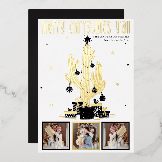 Merry Christmas Y'all Cactus Foil Holiday Card (Front/Back)