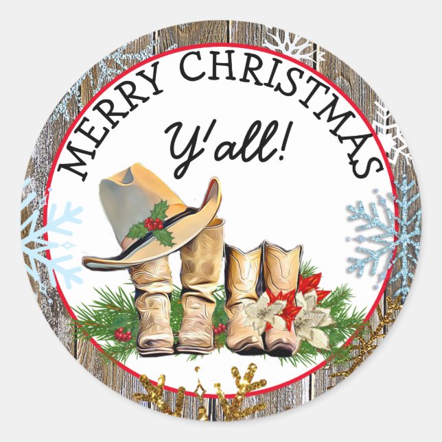 Merry Christmas Y'all Country and Western Rustic Classic Round Sticker (Front)