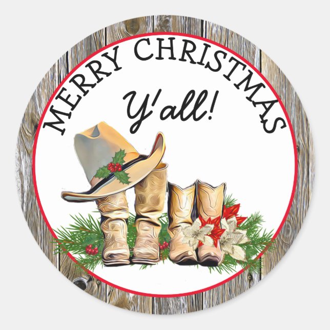 Merry Christmas Y'all Country and Western Rustic Classic Round Sticker (Front)