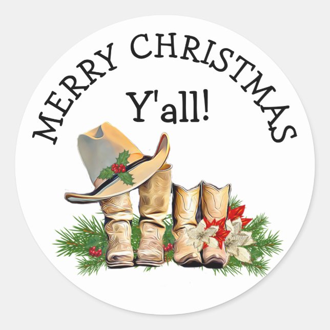 Merry Christmas Y'all Country and Western Rustic Classic Round Sticker (Front)