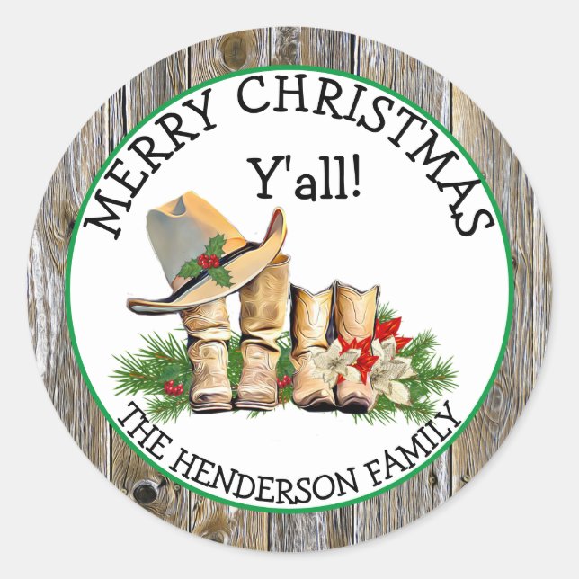 Merry Christmas Y'all Country and Western Rustic Classic Round Sticker (Front)