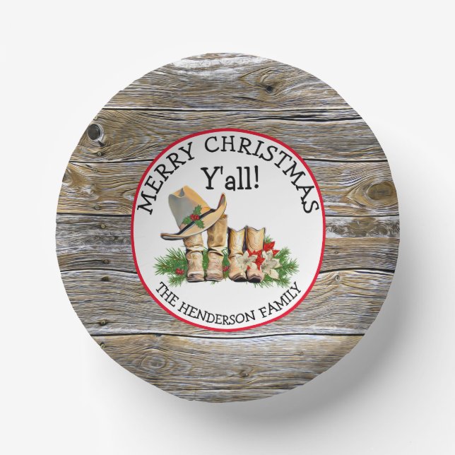 Merry Christmas Y'all Country and Western Rustic  Paper Plate (Front)