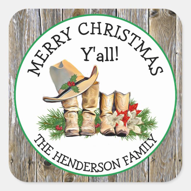 Merry Christmas Y'all Country and Western Rustic Square Sticker (Front)