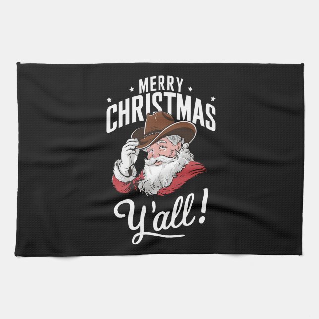 Merry Christmas Y'all Country Cowboy Santa Claus Tea Towel (Horizontal)