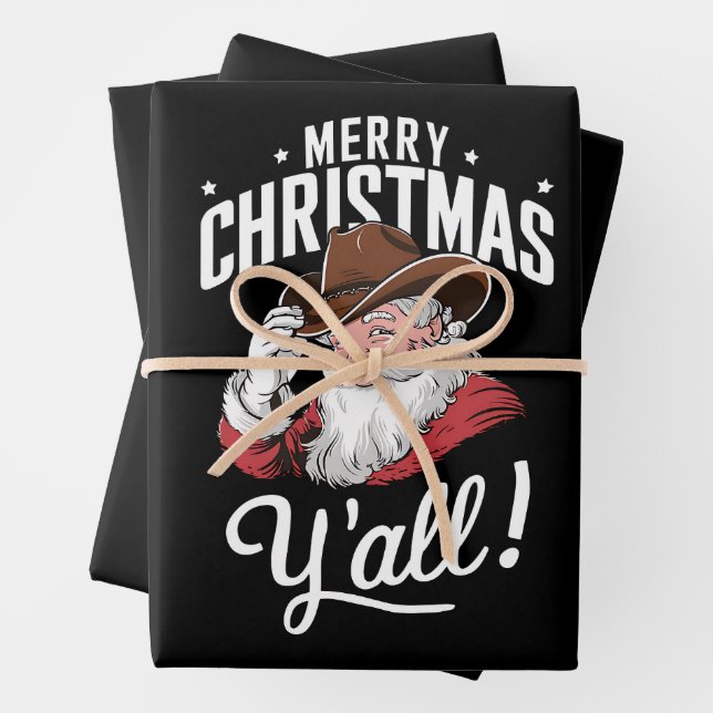 Merry Christmas Y'all Country Cowboy Santa Claus Wrapping Paper Sheet (In situ)