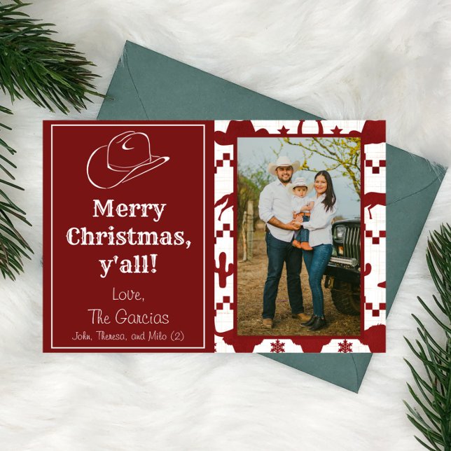 Merry Christmas Y'all Cowboy Photo Holiday Card (Merry Christmas y'all funny western cowboy texan christmas card red & white ugly sweater cowboy hat)