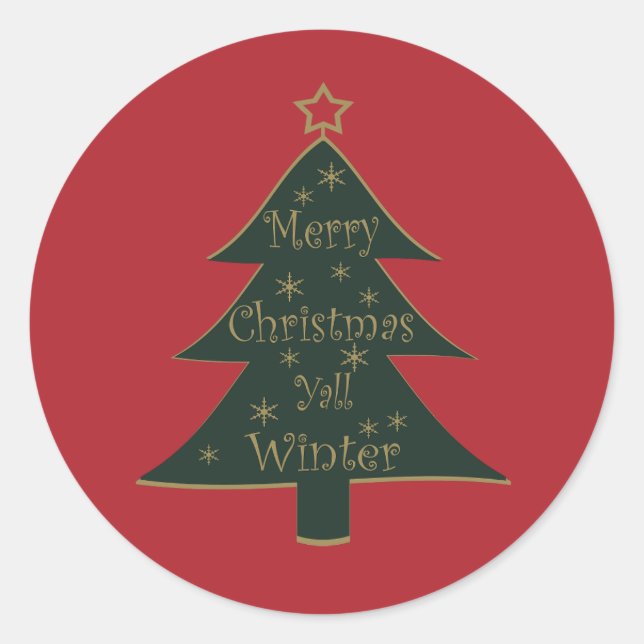 Merry Christmas yall decorated pine tree Classic Round Sticker (Front)