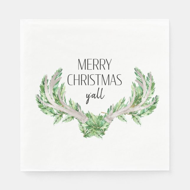 Merry Christmas Y'all Foliage on Antlers Napkin (Front)
