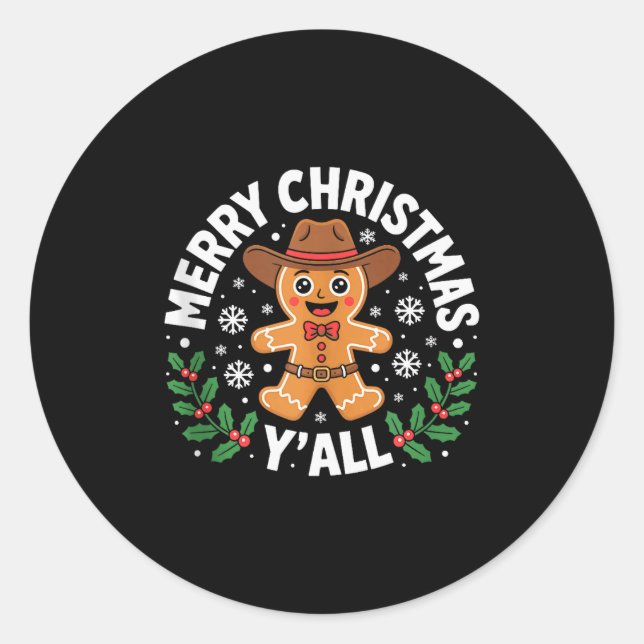 Merry Christmas Yall Gingerbread Cowboy Howdy West Classic Round Sticker (Front)