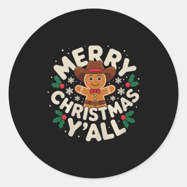 Merry Christmas Yall Gingerbread Cowboy Howdy West Classic Round Sticker (Front)