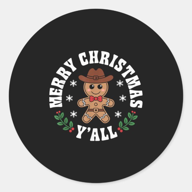 Merry Christmas Yall Gingerbread Cowboy Howdy West Classic Round Sticker (Front)