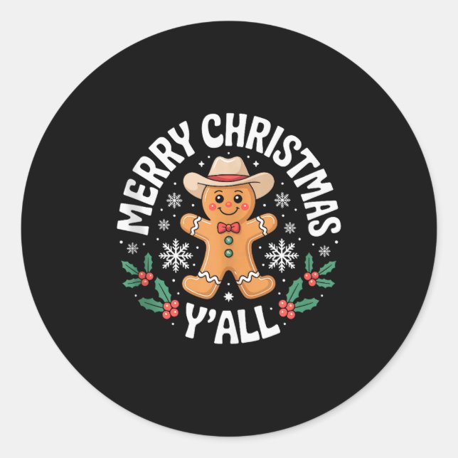 Merry Christmas Yall Gingerbread Cowboy Howdy West Classic Round Sticker (Front)