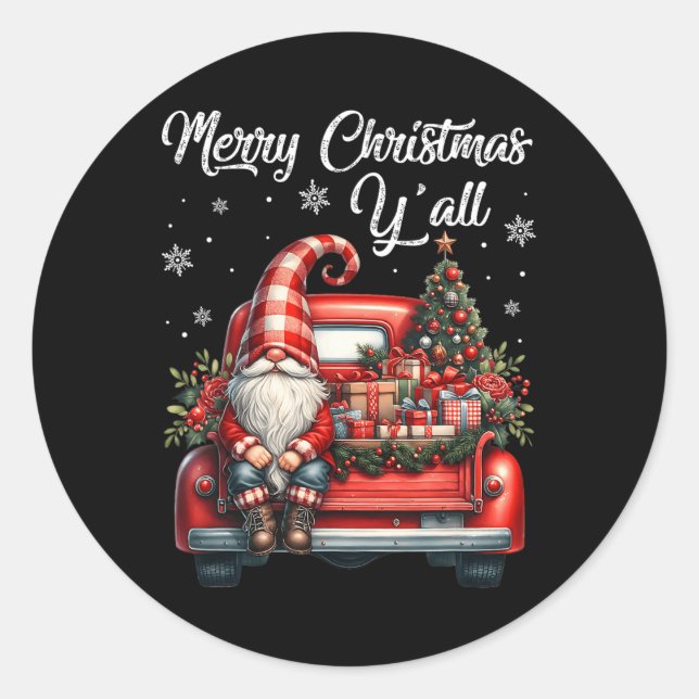 Merry Christmas Yall Gnome Truck Buffalo Plaid Paj Classic Round Sticker (Front)