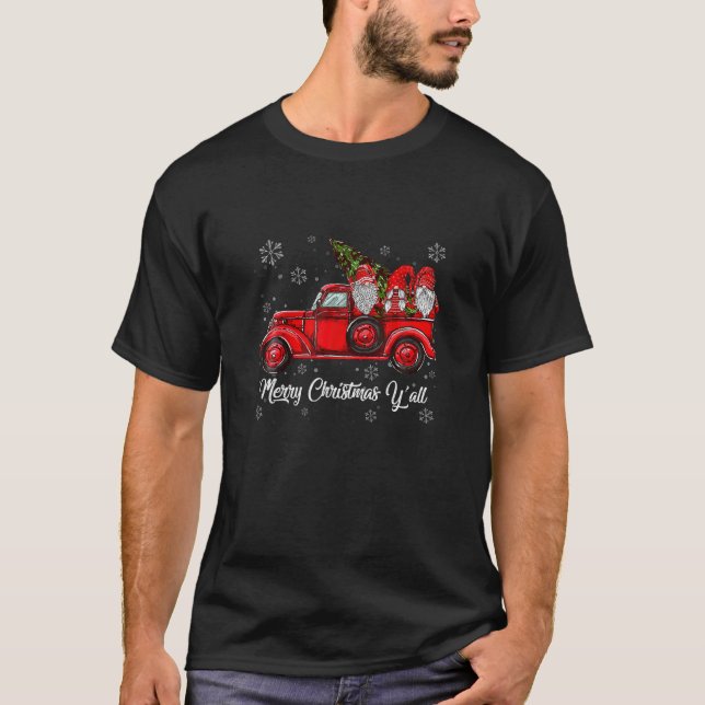 Merry Christmas Y'all Gnomes Santa Retro Red Truck T-Shirt (Front)