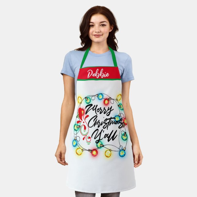 Merry Christmas Y'all Holiday Lights Christmas Apron (Worn)
