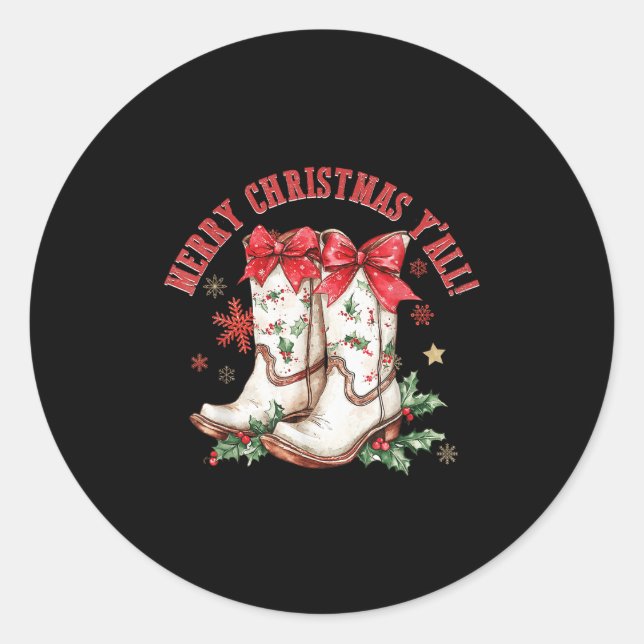 Merry Christmas Y'all Howdy Christmas Boots Cowgir Classic Round Sticker (Front)