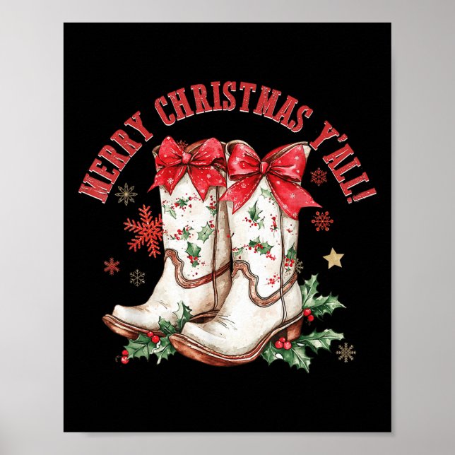 Merry Christmas Y'all Howdy Christmas Boots Cowgir Poster (Front)