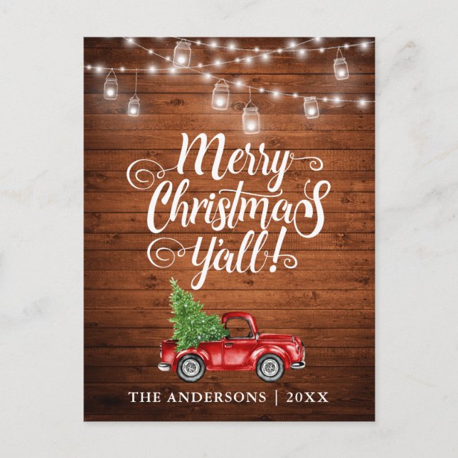Merry Christmas Y'all Jar Lights Truck Wood Postcard (Front)