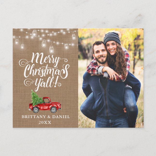 Merry Christmas Y'all Lights Burlap Truck Photo Postcard (Front)
