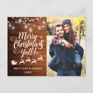 Merry Christmas Y'all Lights Wood Couple Photo Postcard