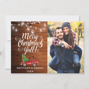 Merry Christmas Y'all Lights Wood Truck Photo Holiday Card