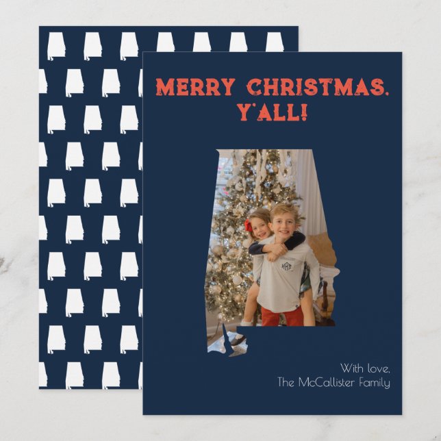 Merry Christmas Y'all Navy Alabama State Photo Holiday Card (Front/Back)