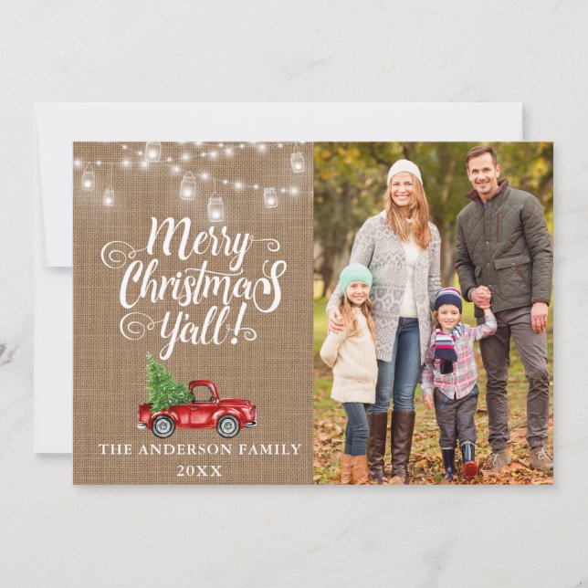 Merry Christmas Y'all Photo Lights Burlap Truck Holiday Card (Front)