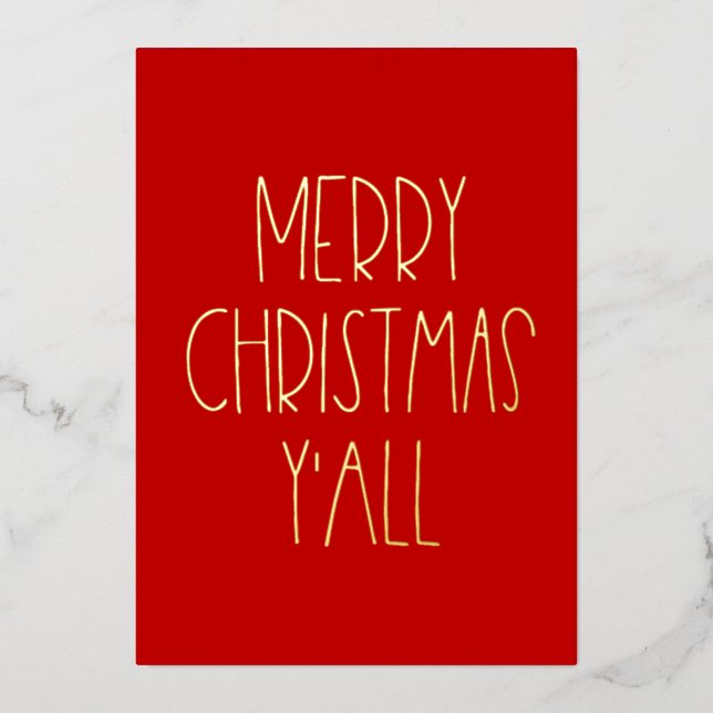 Merry Christmas y'all Red and Gold Foil Holiday Card (Front)