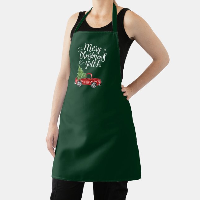 Merry Christmas Y'all Red Truck Christmas Green Apron (Insitu)