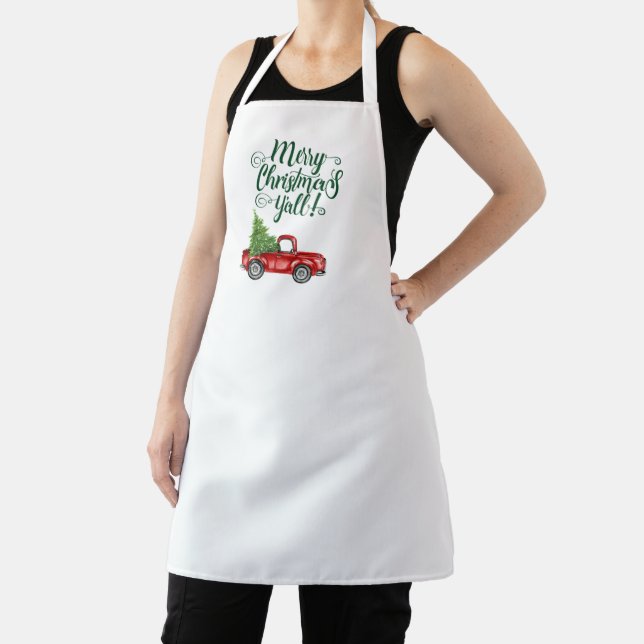 Merry Christmas Y'all Red Truck Green Christmas Apron (Insitu)