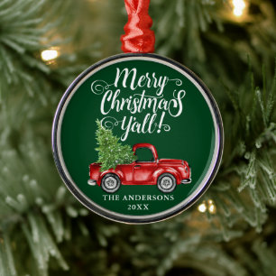 Merry Christmas Y'all Red Truck Round Green Metal Tree Decoration