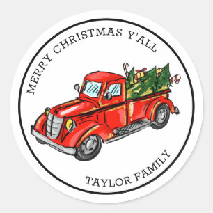 merry christmas y'all red truck vintage classic round sticker